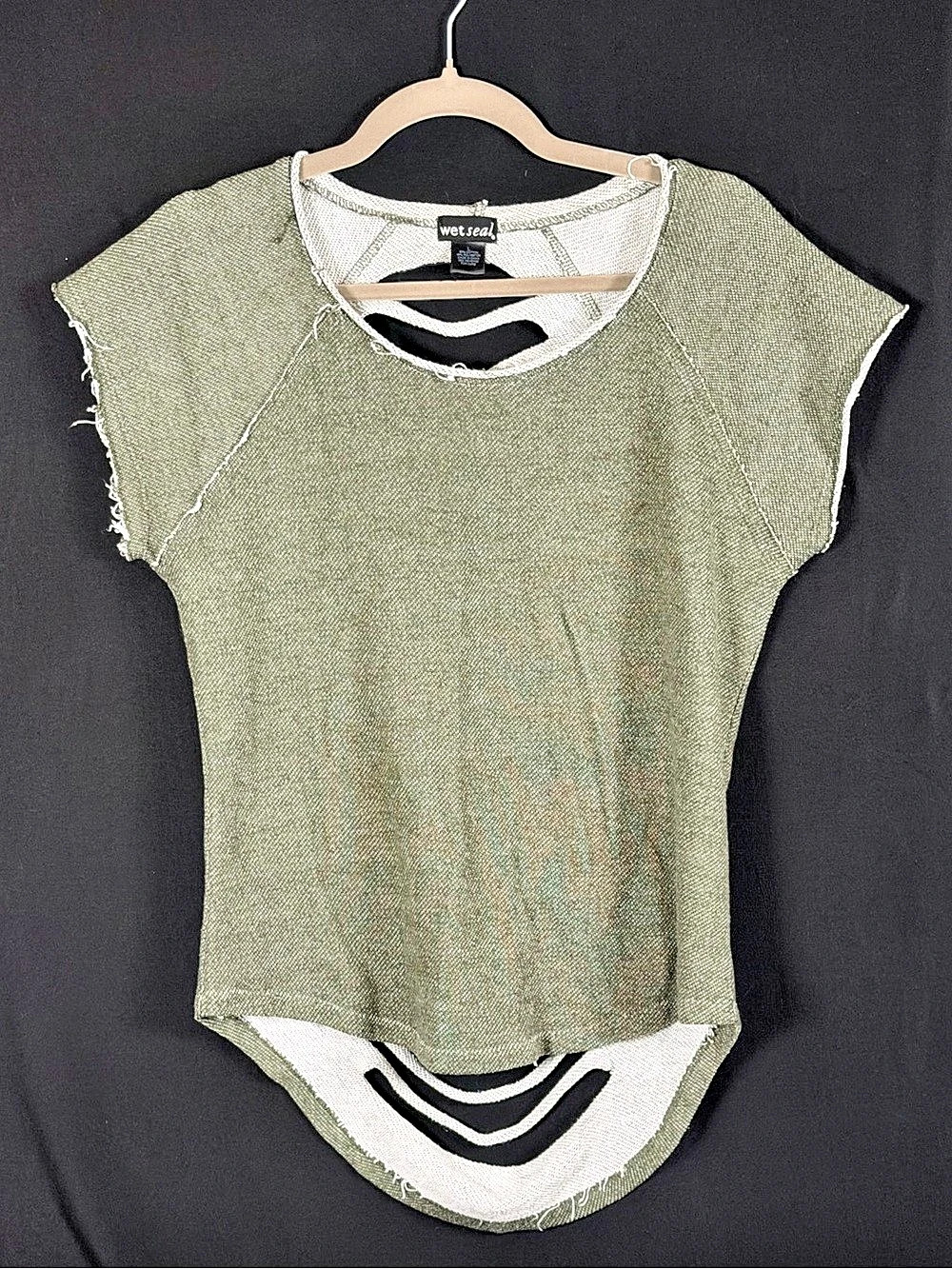 Wet Seal Sweater Y2K Short sleeve Distressed Cutout Green Size Medium open back